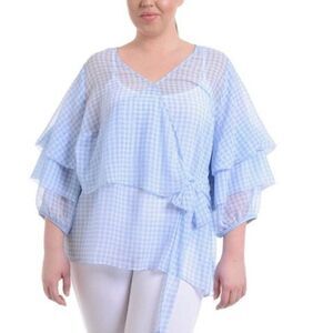 NY Collection Sheer Gingham Wrap Blouse Size S